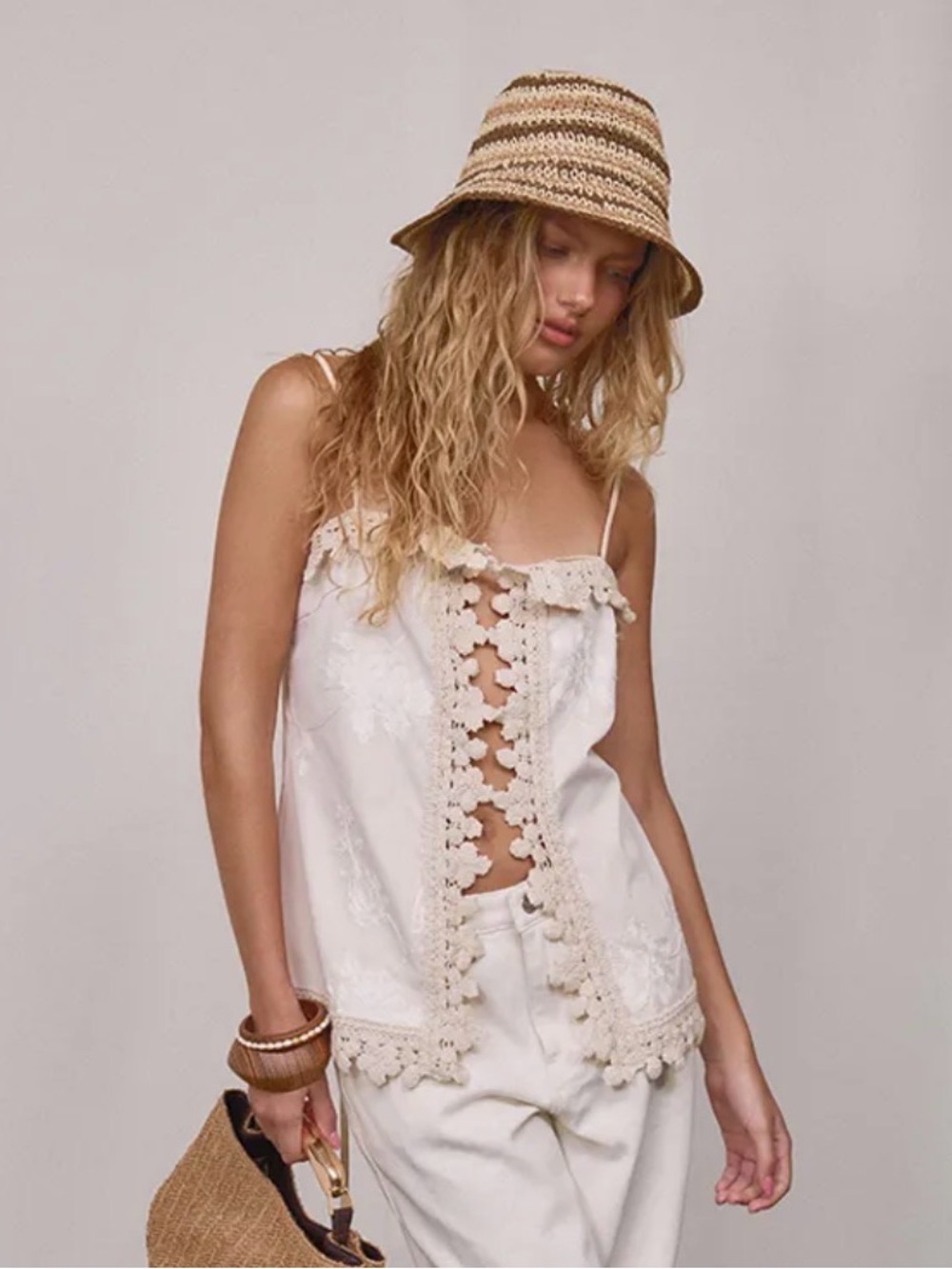 PrettyLittleThing Cream Crochet-Trim Cami Top